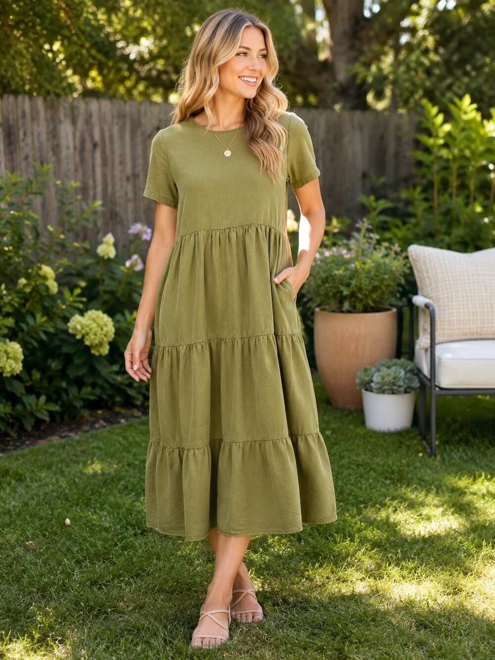 Tradlands Chalet Tiered Dress in Olive Green. Size XS